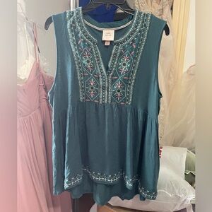 Knox Rose Teal Embroidered Sleeveless Blouse